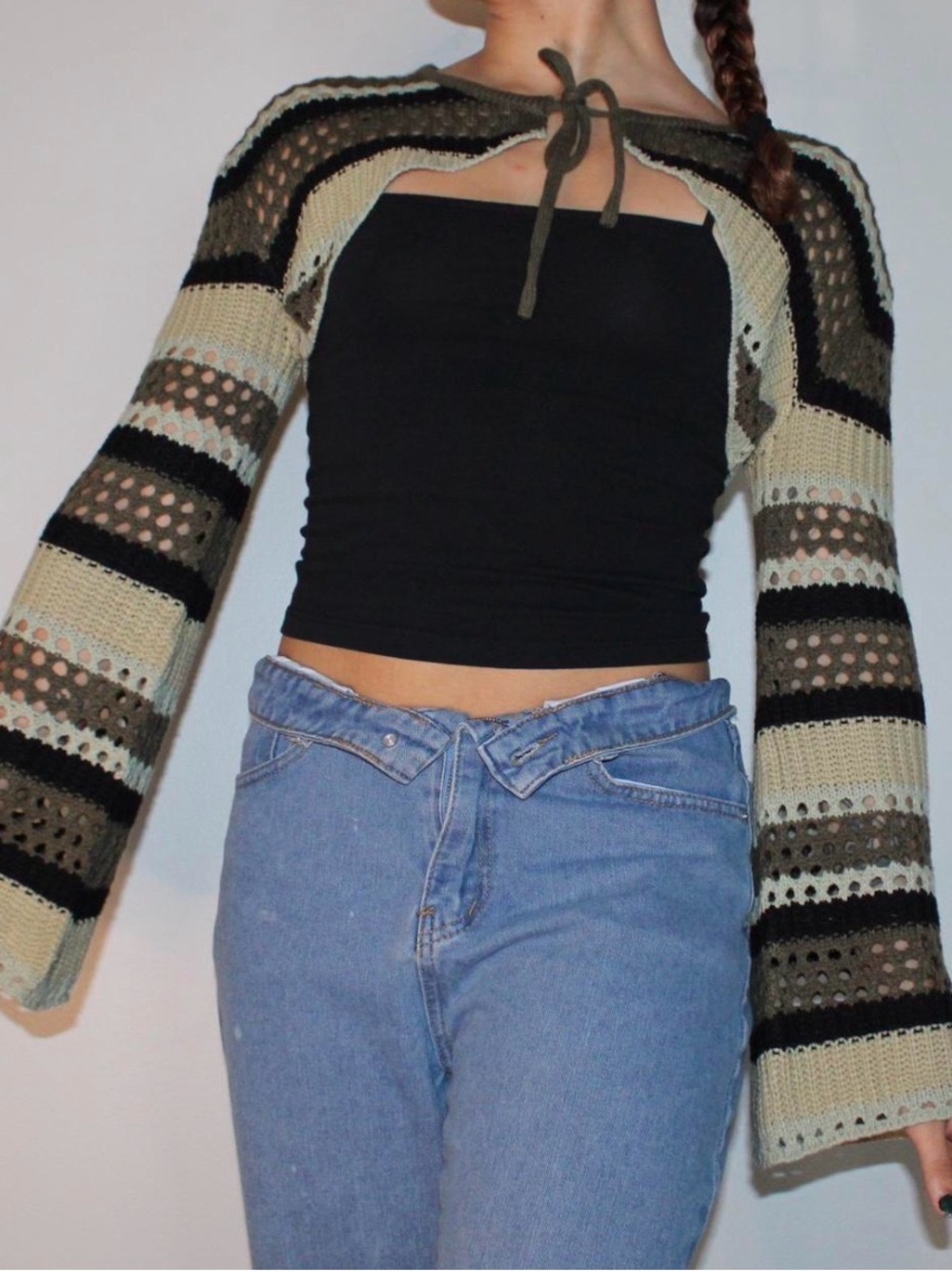Striped Crochet Bolero Shrug in Olive, Black, and Cream